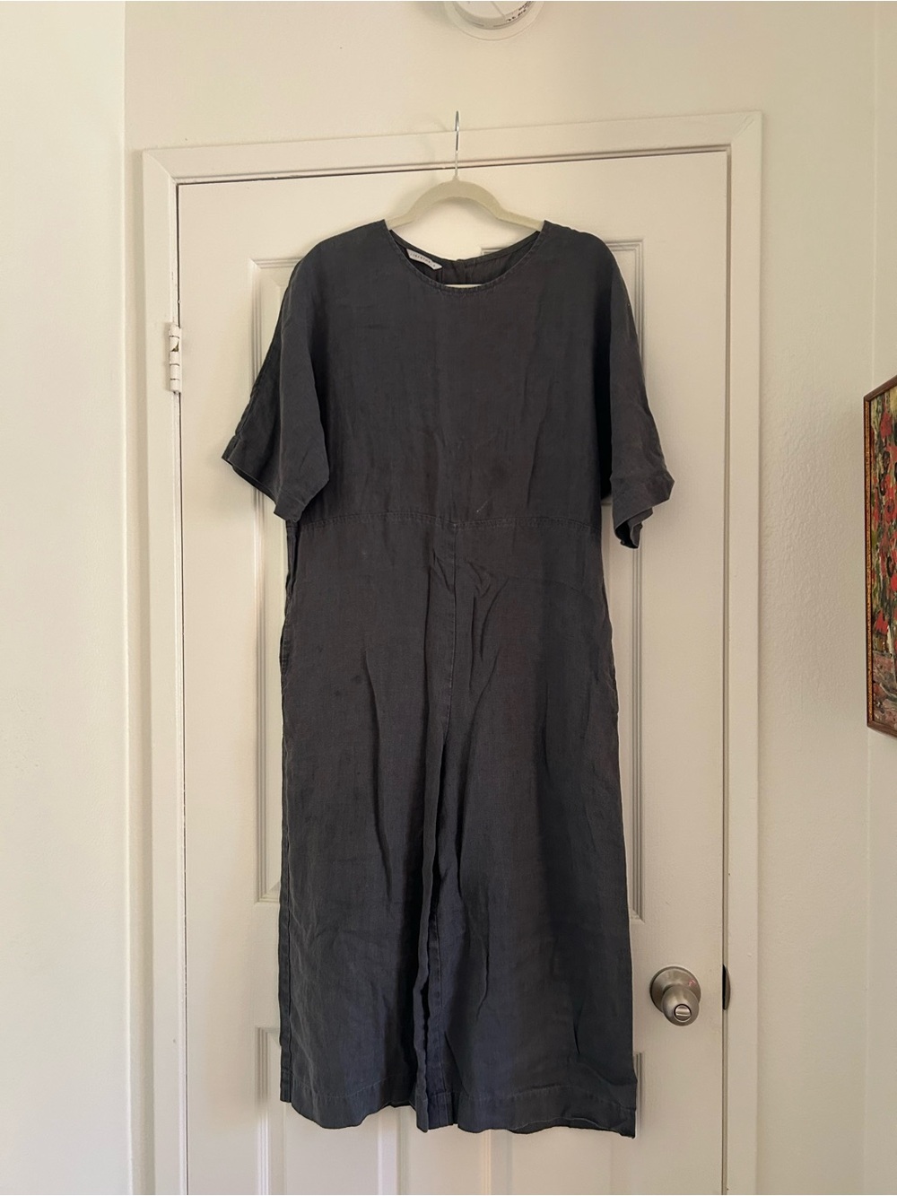 Linenfox Slate Gray Short Sleeve Midi Linen jumpsuit